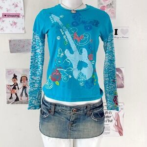 Blue "Girls Rock" Graphic Double Layer Tee Y2K